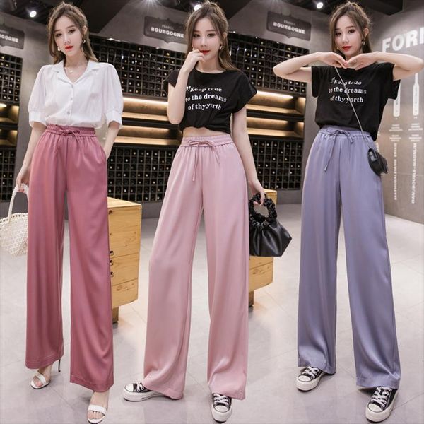 

2020 fashion wide leg pants women summer autumn casual high elastic waist solid long loose trousers drawstring femme elegant, Black;white