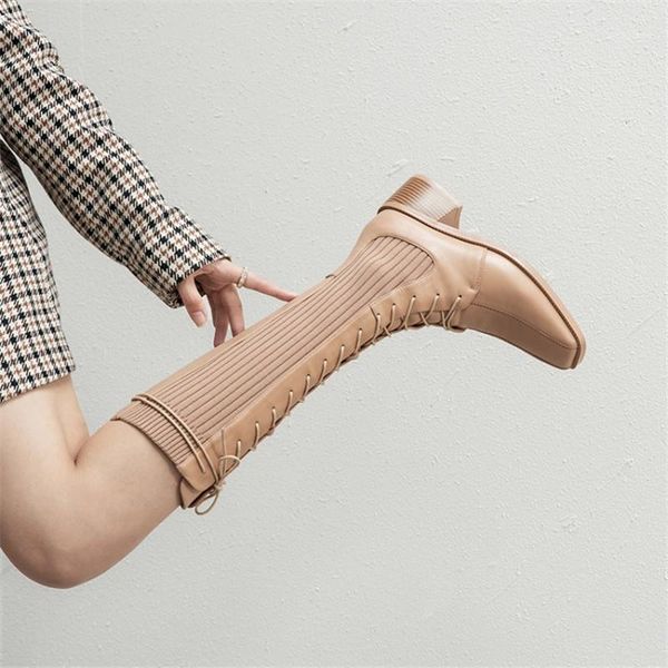 

boots winter women with lace up square toe chunky heel splicing knitted stretch slim and versatile high shoes woman1, Black