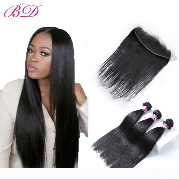 

100% malaysian indian brazilian peruvian silky human hair weave dyeable full cuticle bundles with part 13*4.5 lace frontal, Black;brown