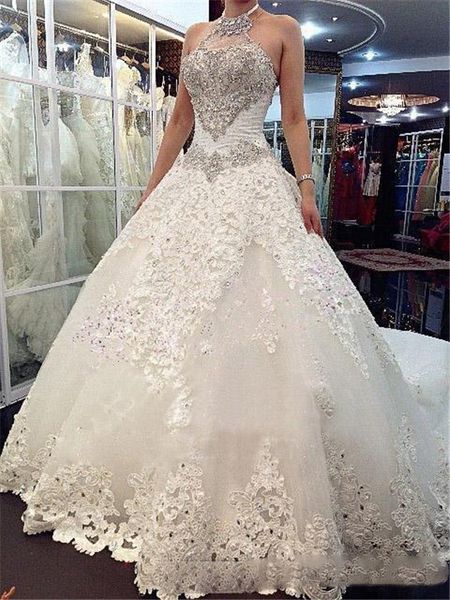 

wedding dresses bridal gowns princess halter swarovski organza cathedral/church ball gown wedding dresses with beading, White