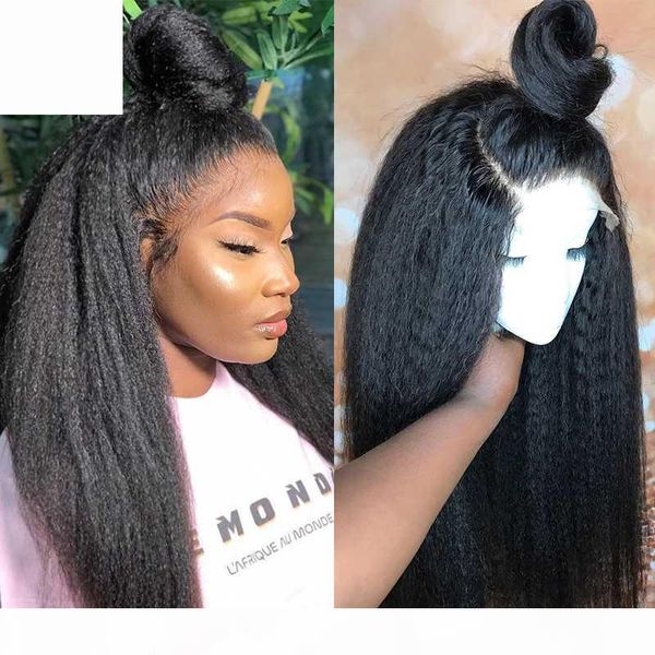 

kinky straight glueless full lace human hair wigs 250 density full yaki coarse blow out lace wig dolago virgin hair wigs, Black;brown