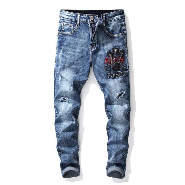 

men casual pantalon slim straight elasticity embroidery spring autumn male jeans mens jean homme1, Blue
