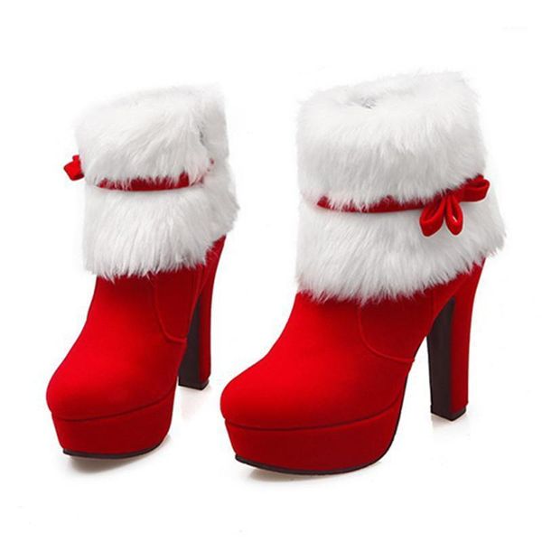 

epher christmas girl faux fur boots soft warm santa boots block heel zipper1, Black