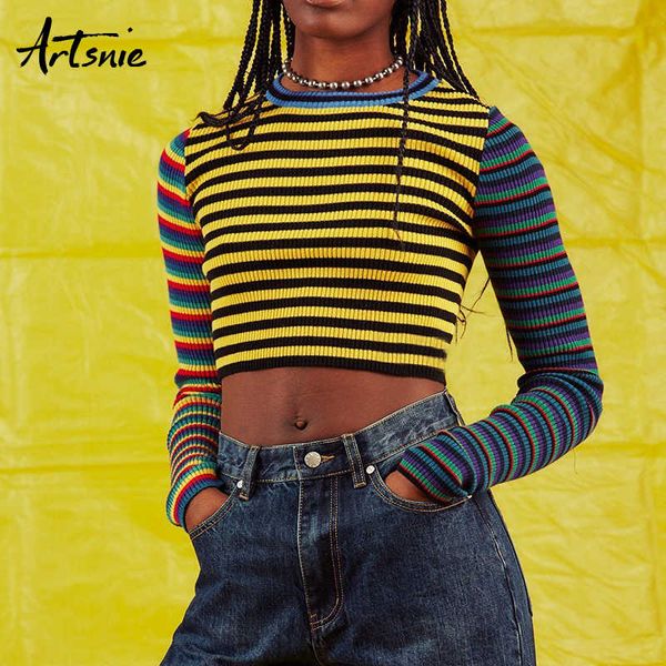 

artsnie color striped knitted short t shirts women autumn o neck long sleeve streetwear cropped casual girls crop tee t200812, White