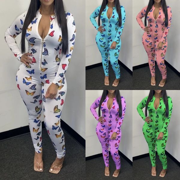 

womens jumpsuits fashion all butterfly print long sleeve long pants womens jumpsuits casual females clothing with zipper, Black;white