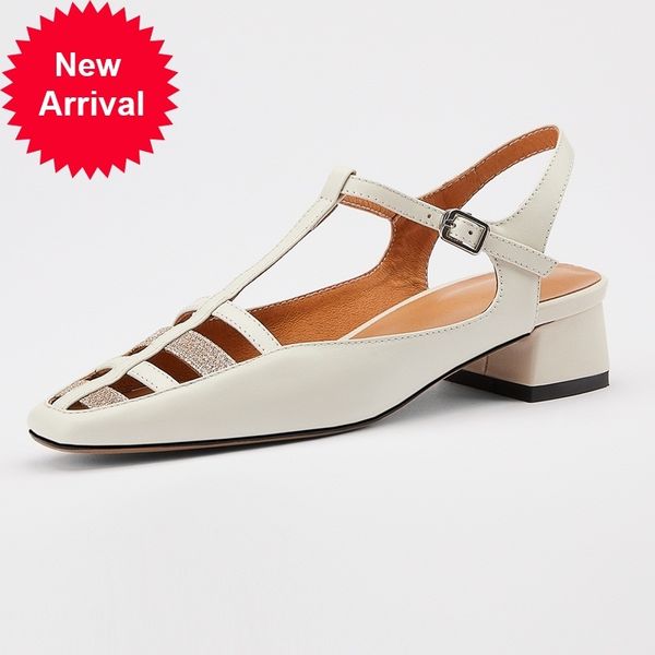 

2021 nova sandlias couro genuno quadrado baixo dedo do p redondo preto marrom branco sapatos mulher bombas j5wy, Black