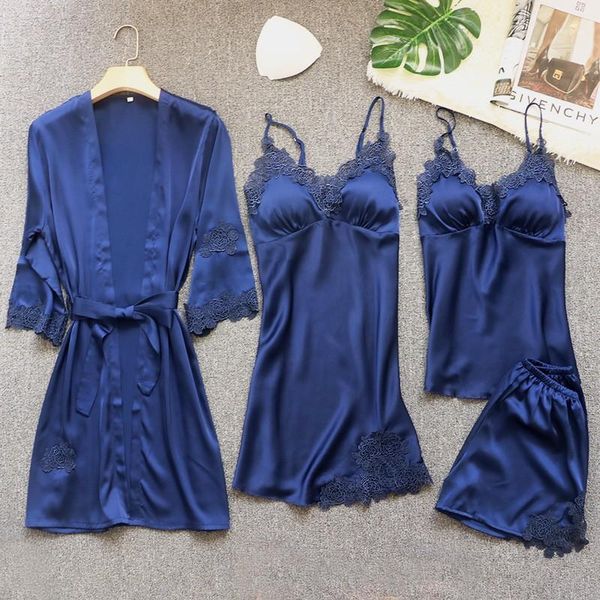 

women satin 4pcs nighty&robe suit kimono bathrobe gown 2020 new nightdress sleepwear intimate lingerie lace homewear nightwear1, Black;red