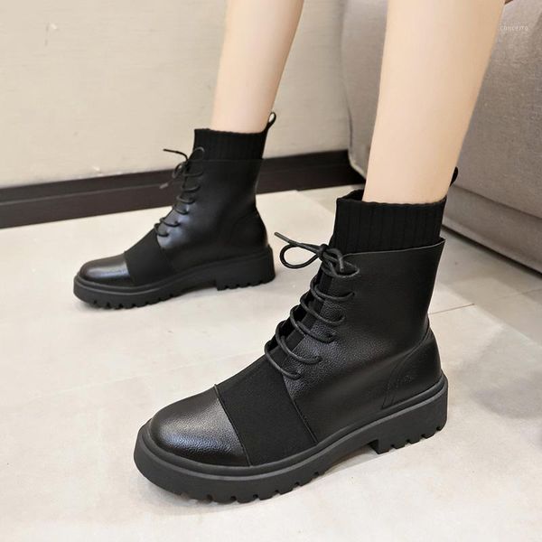 

women leather ankle boots woman lace up sock boots ladies low heels shoes female round toe women's breathable footwear1, Black
