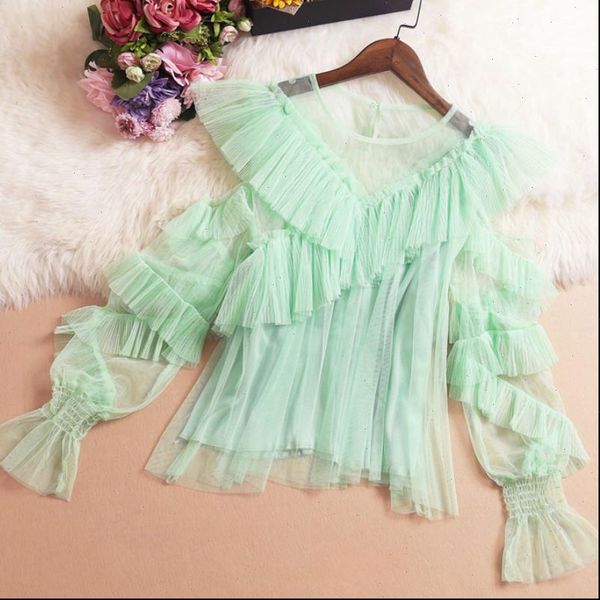

fairy mesh gauze shirt off shoulder retro irregular ruffled mesh gauze chiffon blouses flare sleeved pleated blusas mujer, White