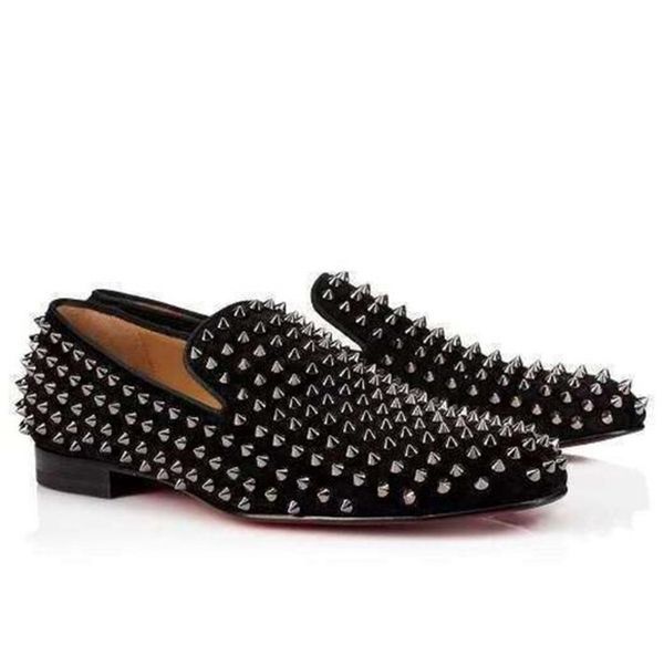 

with box]2019 cowhide suede rhinestone spikes men's spiked red bottom dress business shoes luxury party wedding shoes genuine leather, Black