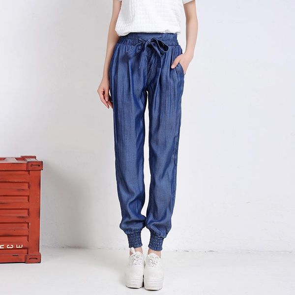 

summer new female tencel jeans woman thin high waist harem pants loose elastic waist denim casual lantern pants female, Blue