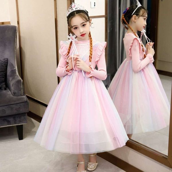 

long princs drs autumn sweater 2020 new semi turtleneck sve rainbow screen fashionable girl skirt, Red;yellow