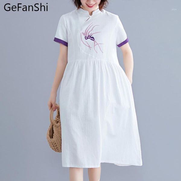 

2020 new vintage summer dress short sleeve women elegant embroidery midi sundress loose casual party beach vestidos cheongsam1, Black;gray