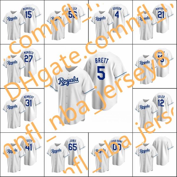 

kansas city royals #13 salvador perez 5 george brett 41 danny duffy men women youth custom white replica home jersey, Blue;black
