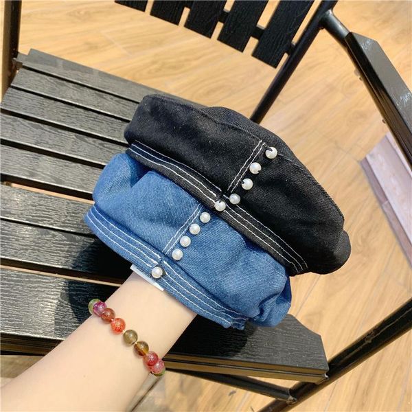 

berets 2021 chic pearl women denim blue black navy hats fashion all match street caps solid vintage lady 56-58 cm, Blue;gray