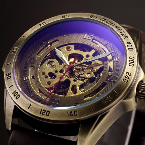 

shenhua watches men retro bronze case wristwatch male automatic mechanical skeleton watch leather sport watch relogio masculino, Slivery;brown