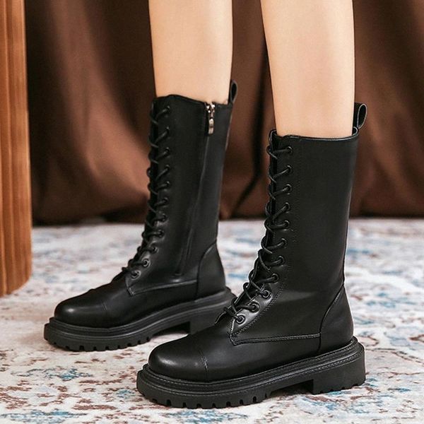 

lucyever black british style pu leather mid calf boots women fashion lace up platform motorcycle boots woman waterproof shoes #2z1l