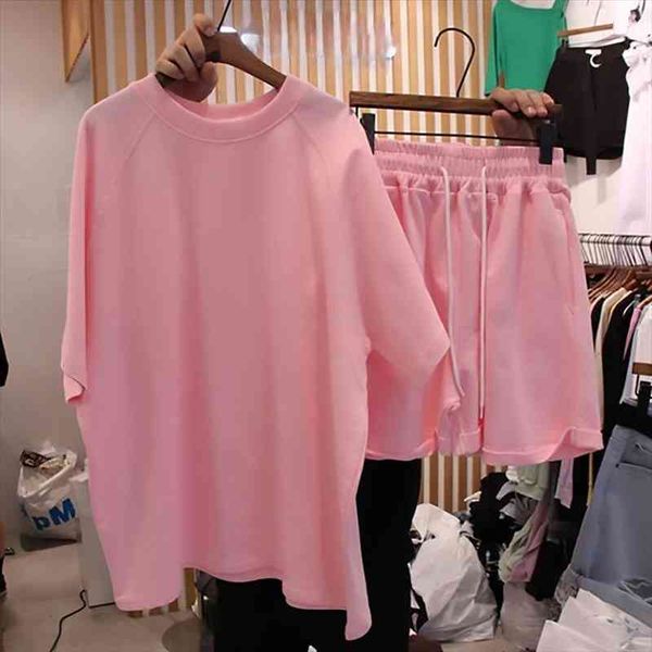 

casual tracksuit women 2 piece sets womens outfits o-neck short sleeve t and shorts streetwear female solid loose pink set, Gray