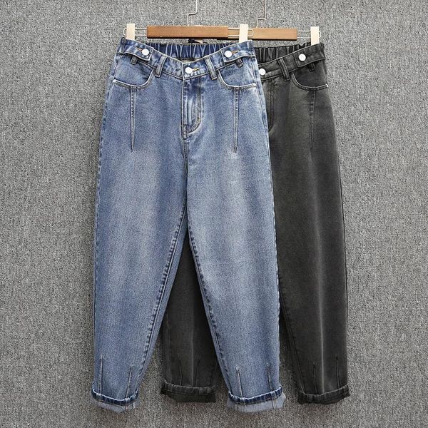 

women spring fashion korea style elastic waist solid color ankle length harem pant office lady 100kg oversized loose denim jeans, Blue
