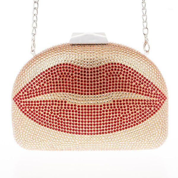 

new arrival clutch purse gold crystal red mouth shape diamond shoulder crossbody handbags sell long chain party phone bag1