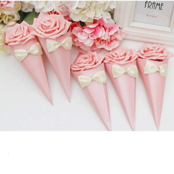 

uel7yu factory price box shape candy paper chocolate container cone favor holder boxes with rose flowers bowknot candies weddin 4 n