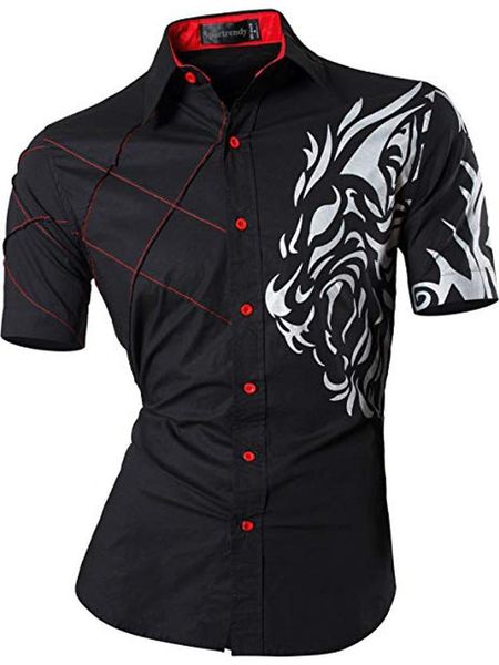 

sportreny men shirts dress casual lion summer short sleeve slim fit fashion stylish tattoo printed jzs060, White;black