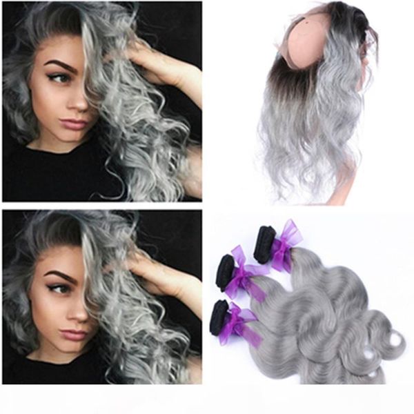 

silver grey ombre brazilian hair wefts with 360 frontal body wave 1b grey ombre 360 lace closure with weaves ombre human hair 3bundles, Black
