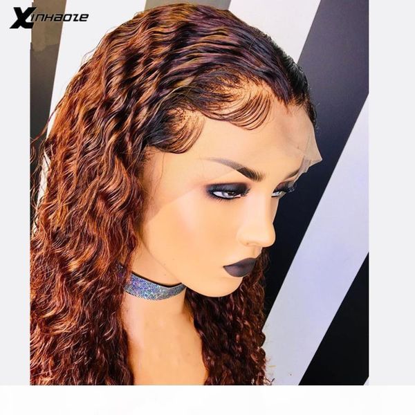 

13x6 ombre blonde brown water wave human hair wigs pre plucked baby hair 180% lace front human wigs brazilian remy, Black;brown