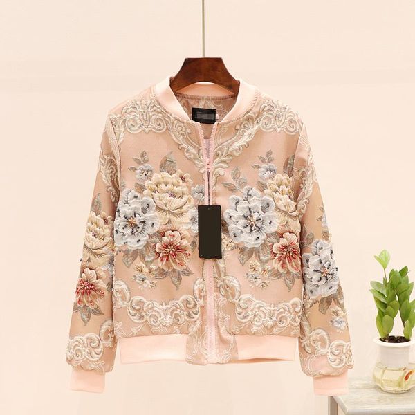 

women vintage beading short jacket fashion floral embroidery zipper coats and jackets ladies long sleeve spring autumn outerwear, Black;brown