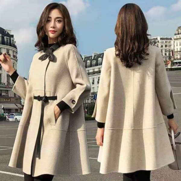 

2020 women's trend coats stand-up collar single-breasted outwear seven-point sleeves female fresh cute cloak wool coat, Black