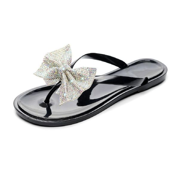 

swyivy transparent flip flop slipper shoes woman summer slides rhinestone bow slippers ladies 2020 new woman pvc jelly shoe, Black