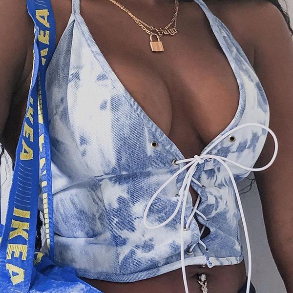 

women's tanks & camis y2k tie dye lace up halter women sleeveless backless v neck crop 2021 fashion club partywear bodycon, White