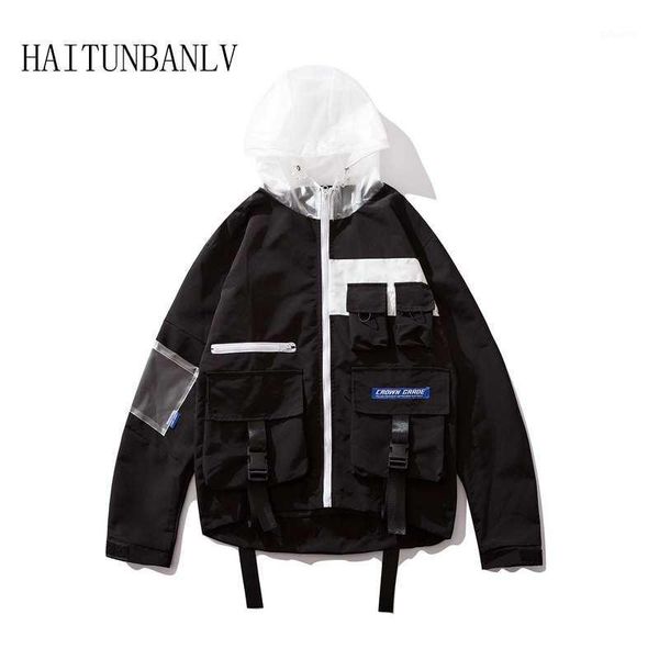 

new hip hop multi pockets hooded windbreaker jackets hip hop zip up track jacket coats streetwear hipster outwear1, Black;brown
