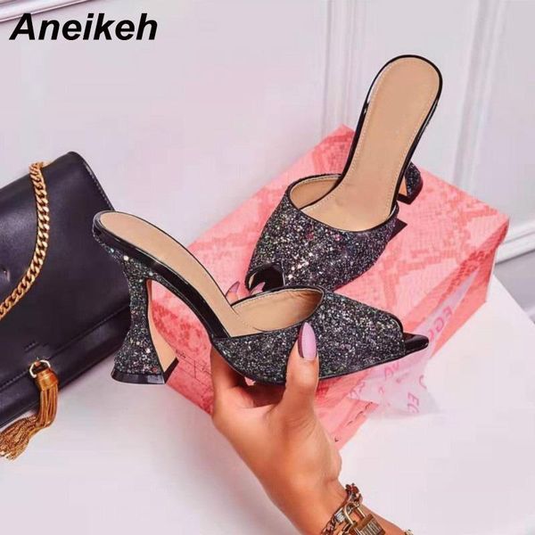 

aneikeh 2021 fashion women glitter sequins heel sandals peep toe basic high heels sandals ladies shoes party rome pumps black