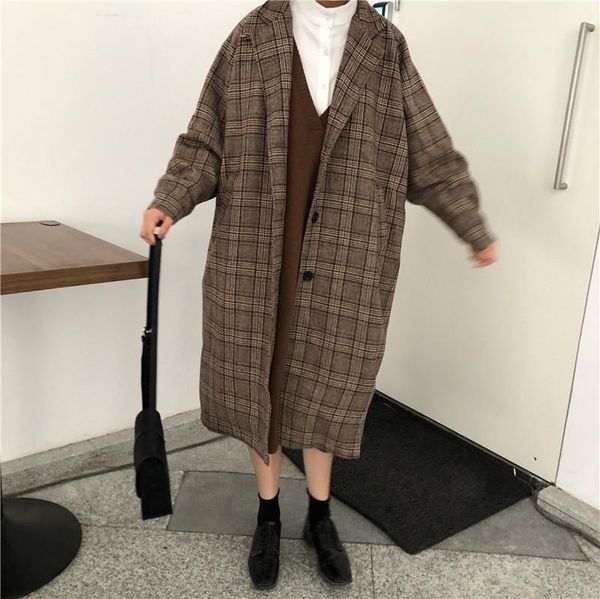 

blends women plaid long coat pockets single breasted casual elegant loose ladies streetwear all-match womens woolen outwear chic, Black