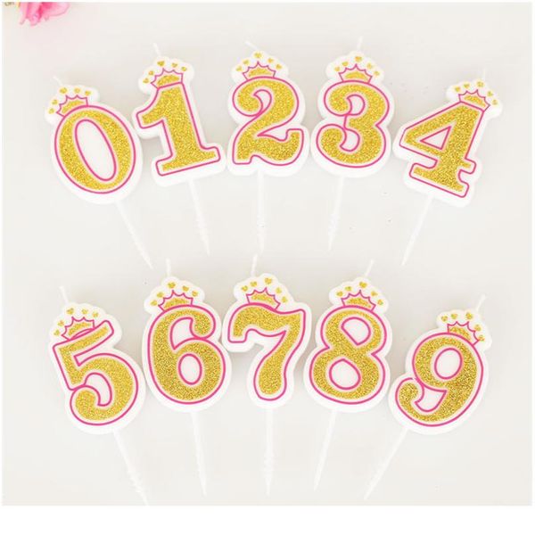 

1 pc shinning gold pink/blue crown birthday candles digital 0-9 for kids girls boys birthday party cute candles cake dec bbytsh