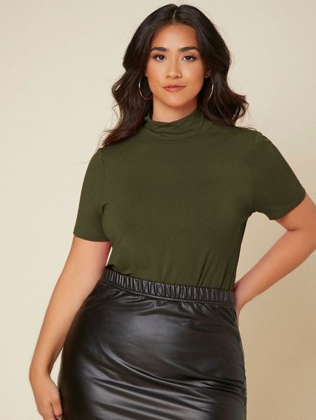 

plus mock neck solid tee x2xy#, Black