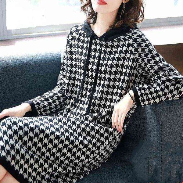 Outono e inverno grande vestido meio comprimento sobre-joelho saia houndstooth vestido vestido vestido de mujer femme robe y220214