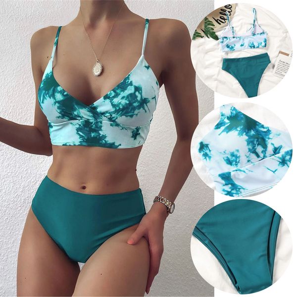 

matching tie-dye two-piece bikini swimsuit women bandeau bandage bikini set push-up brazilian swimwear beachwear swimsuit, White;black