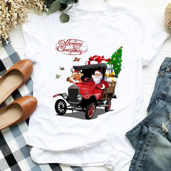 

women merry christmas truck cartoon tree santa clause 90s holiday clothes ladies graphic print tee tshirt female t shirt, White