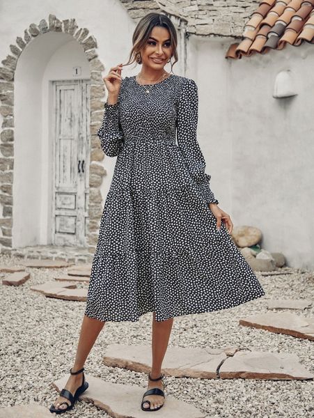 

allover print shirred bishop sleeve ruffle hem dress f2j8#, Black;gray