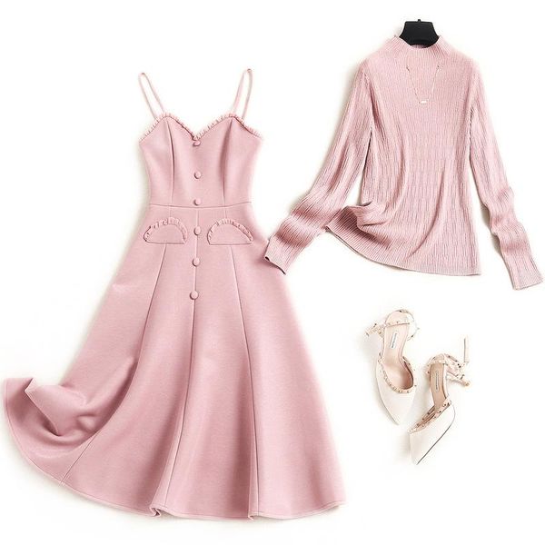 

2021 early spring women cute pink dress spaghetti strap ruffles designer dresses and knitted pullovers elegant two piece set, Gray