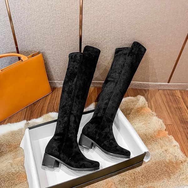 

women boots over knee shoes round toe over-the-knee rubber mid calf low ladies large size fabric lace-up basic solid, Black