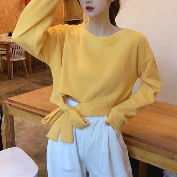 

big bow women sweatshirts casual o neck loose crop pullover autumn new fashion solid long sleeves female sweatshirt1, Black