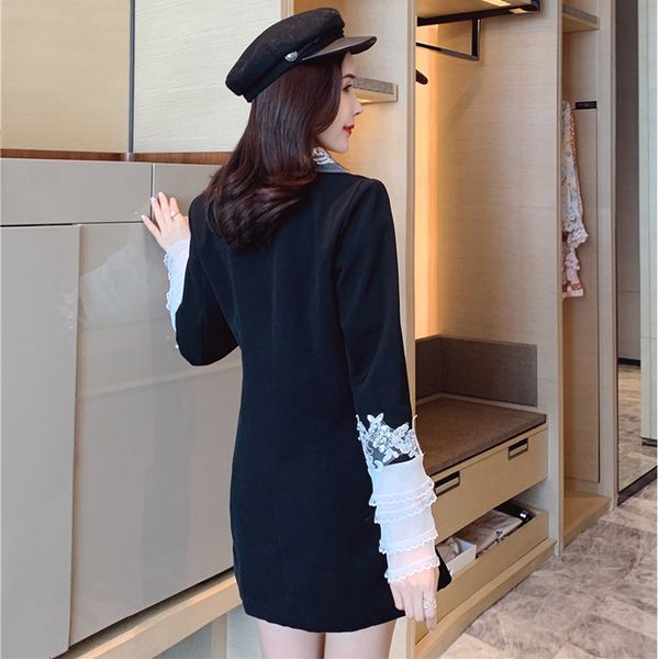 

2021 new black blazer woman with cleavage v diamond button autumn street weat dressed in lace extension female dress fodt, Black;gray