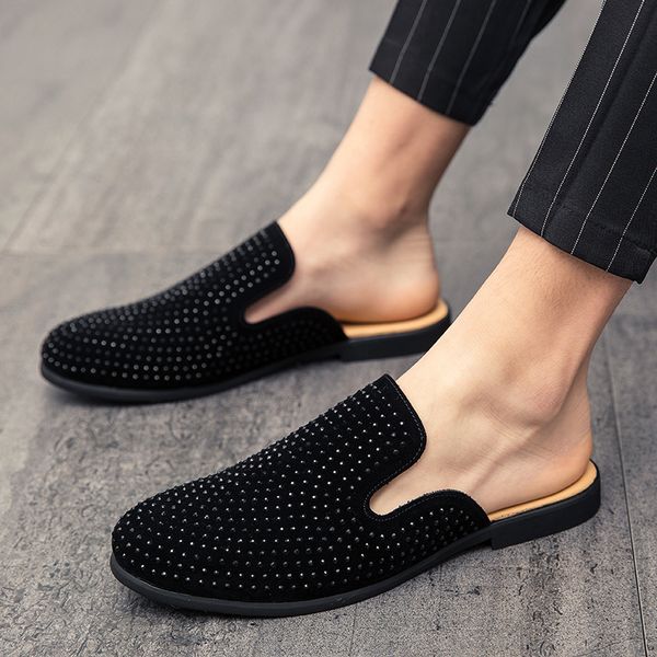 

man spring sparkling autumn sandals diamond shiny sliding in moccasins black gold bling sequins causal shoes jbqz, Black;brown