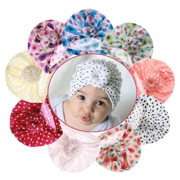 

wide brim hats 2021 style infant donuts hat children printed knot turban caps baby polka dot beanie foreign trade, Blue;gray