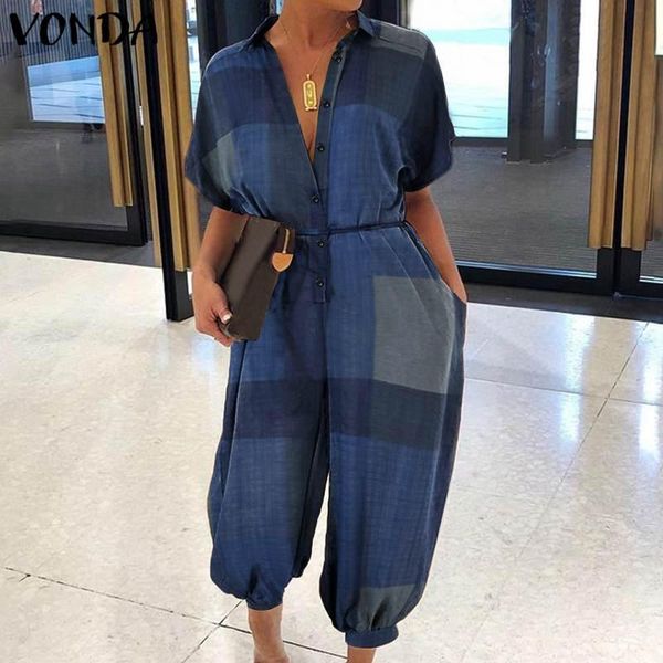 

vonda женщины широкие ноги спецодежда повседневные rompers отверните воротник кнопка подарочные карманные комбинезоны урочные клетки проверь, Black;white