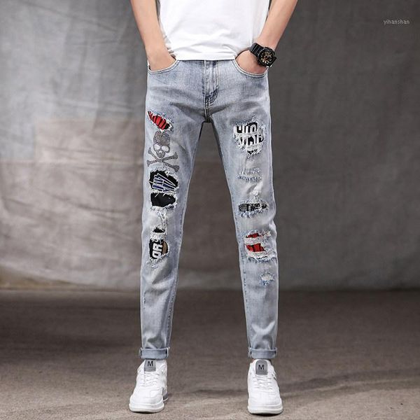 

spring autumn 2020 fashion brand light-colored ripped jeans men's feet korean elastic skull embroidery wild beggar pencil pants1, Blue