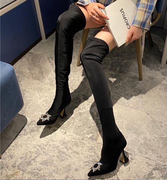 

big size shoes woman boots crystal boots-women luxury designer round toe thigh high heels high large size, Black